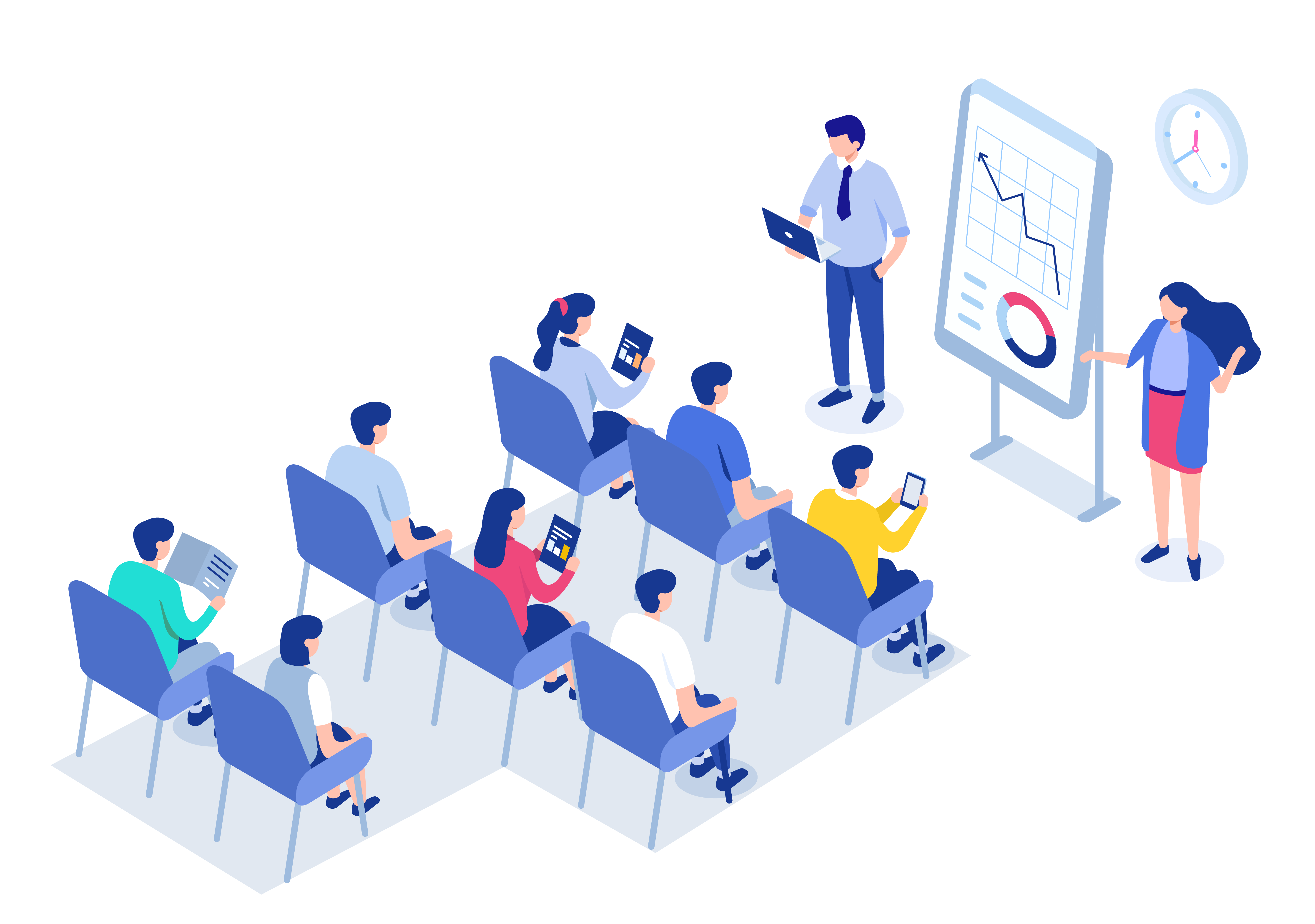 isometric illustration of people attending a business sales training