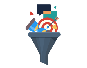 Illustration of a funnel with an hourglass, target, and chat bubbles going into the top of it