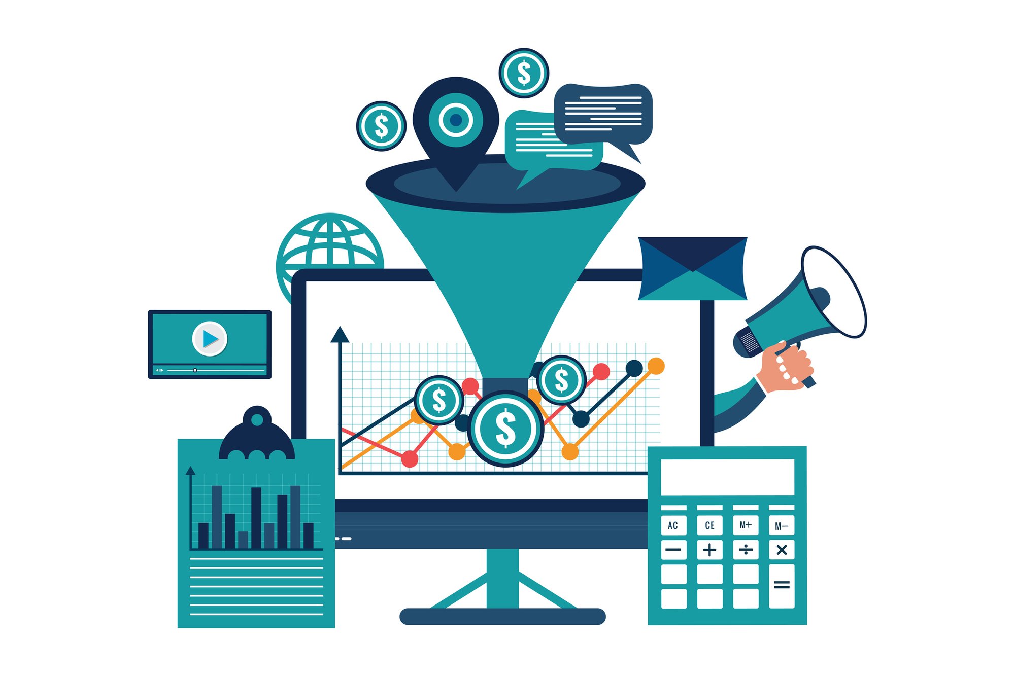 graphic of sales pipeline funnel on computer with data