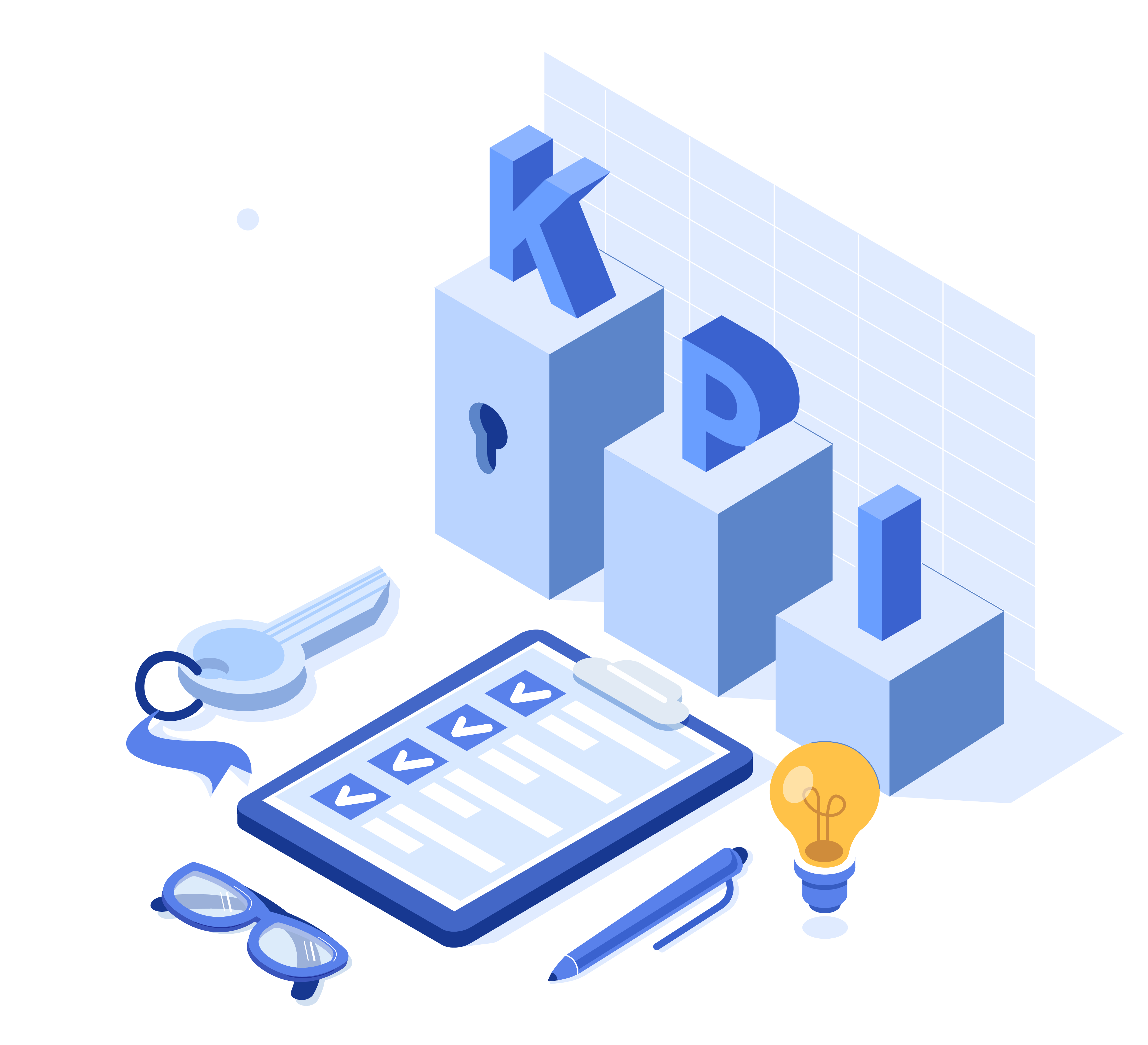 Large Block 'KPI' Letter  over a rising graph with notebooks and keys placed in front. 3d blue illustration.
