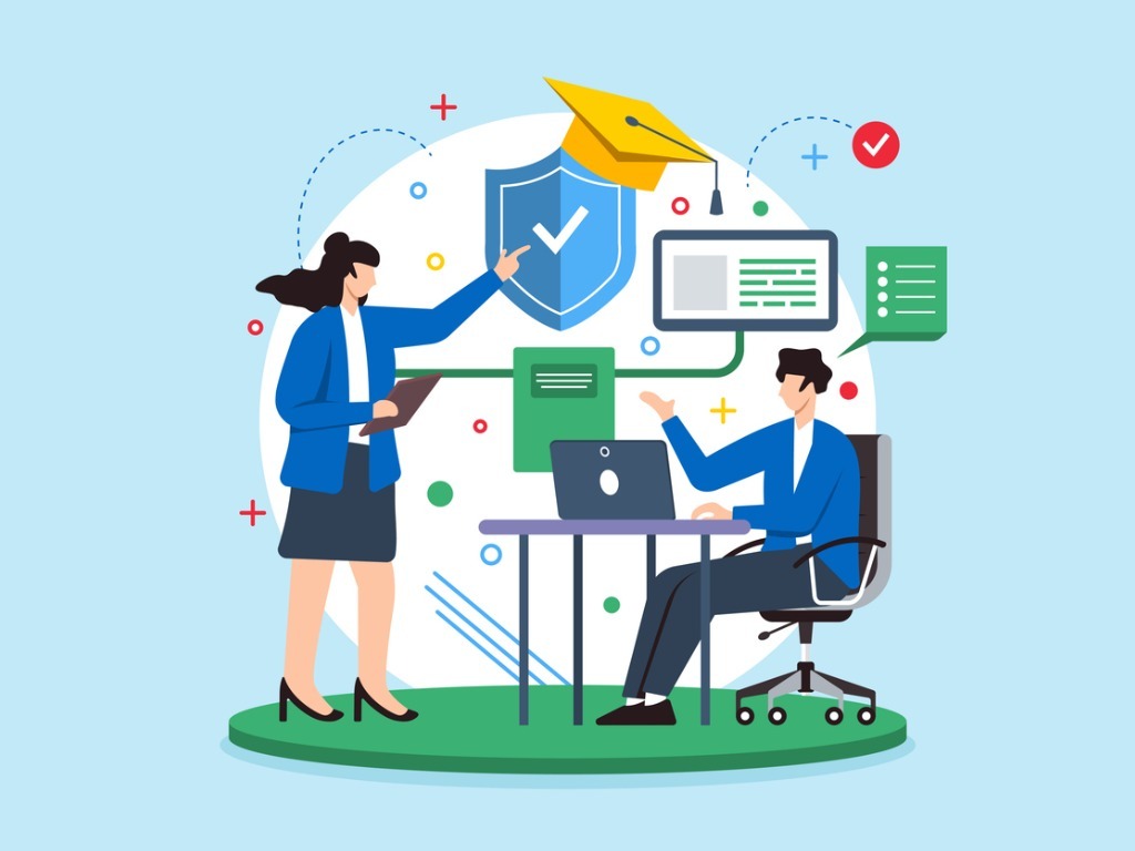 flat-illustration-of-woman-training-man-on-sales-best-practices-funnel-clarity