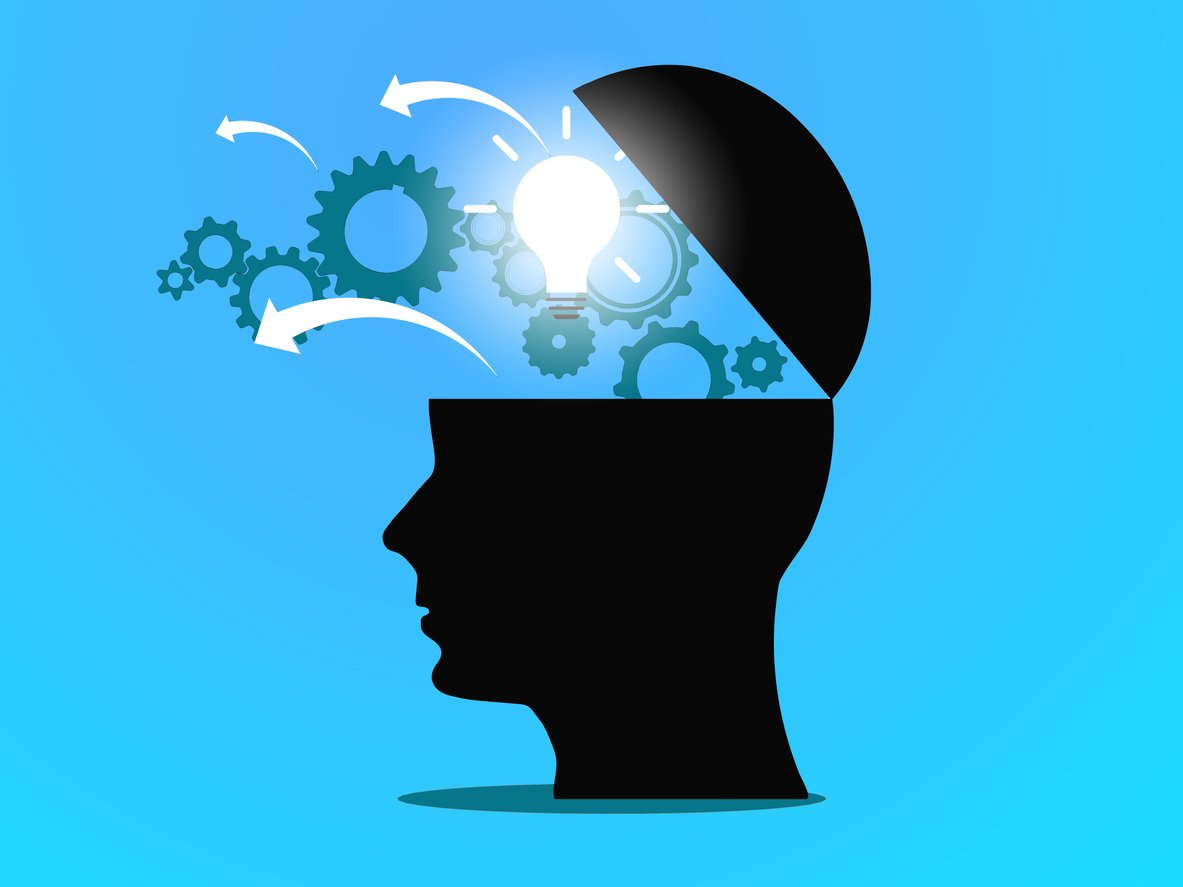 illustration outline of thinking person with lightbulb and gears